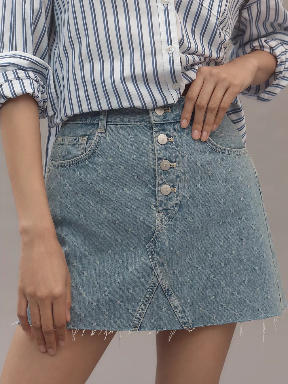 Pilcro Jacquard Denim Button-Front Mini Skirt in Light Blue